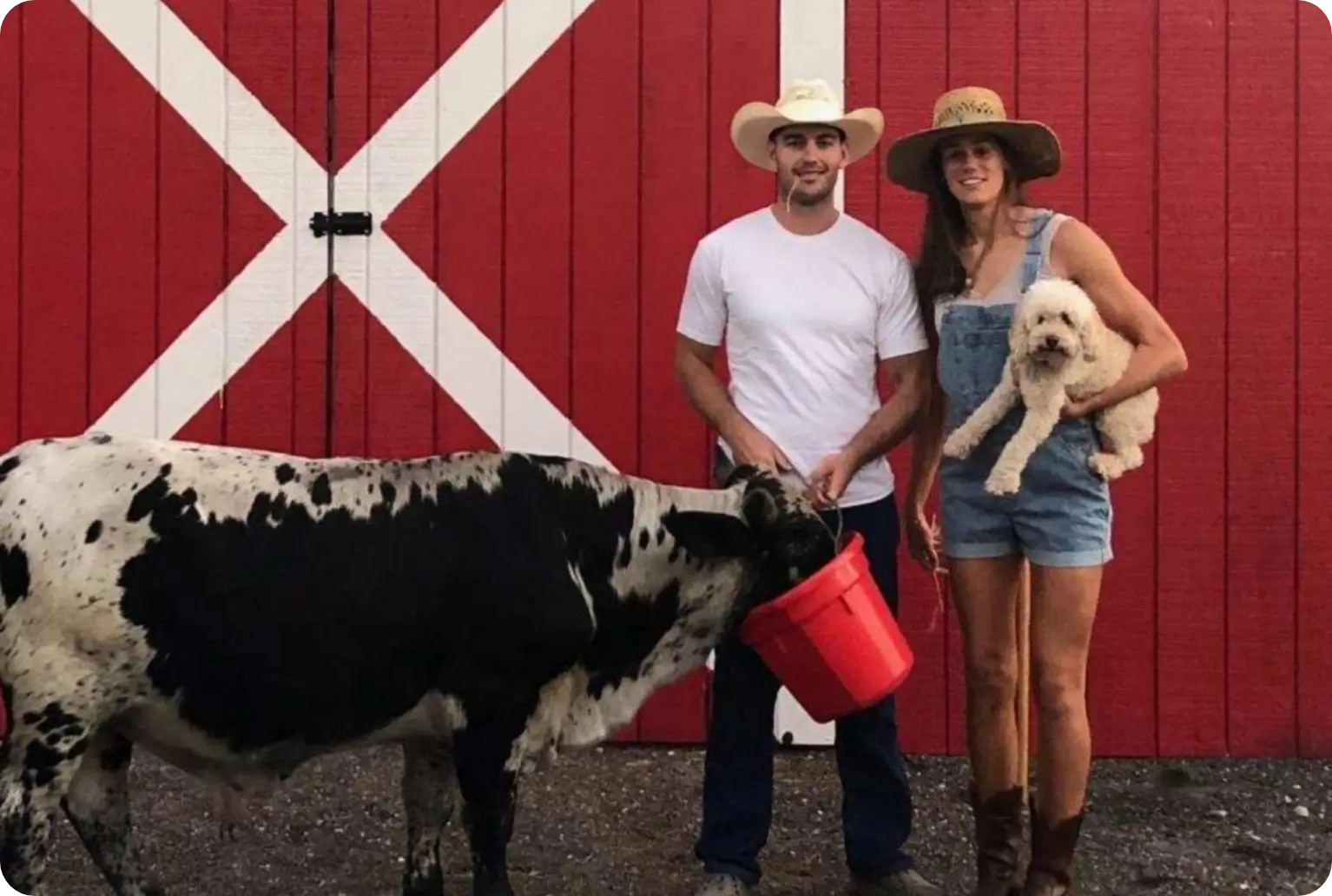 Roughneck Ranch owners with longhorn calf and dog at red barn