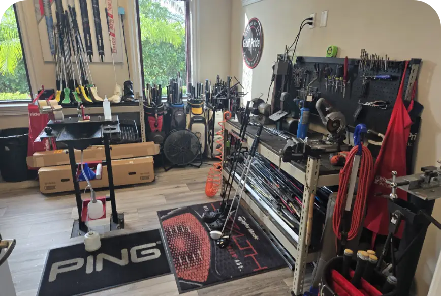 Club fitting workshop with PING racks and golf shaft inventory
