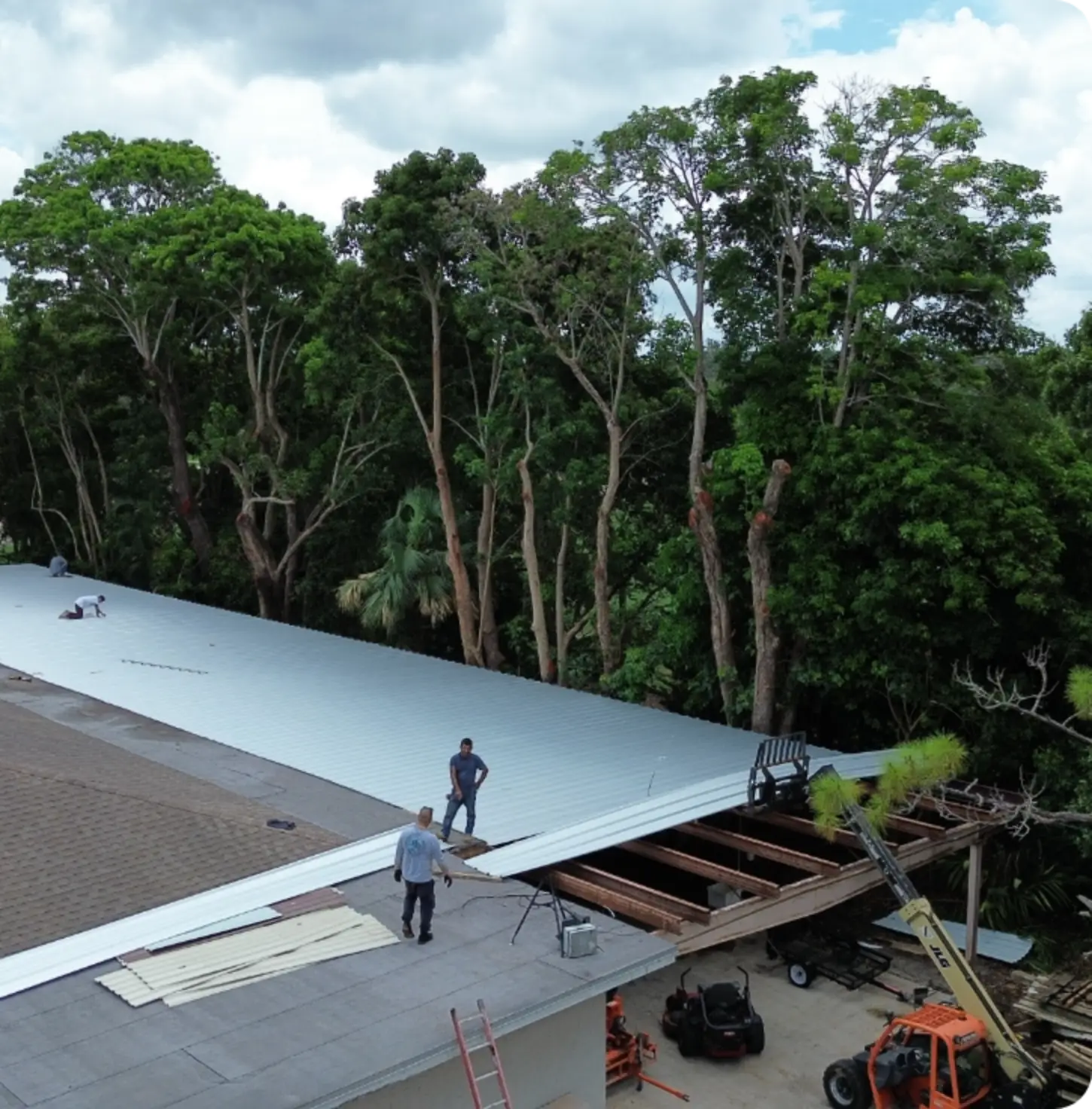 Aerial of East Point Country Club maintenance facility metal roof installation