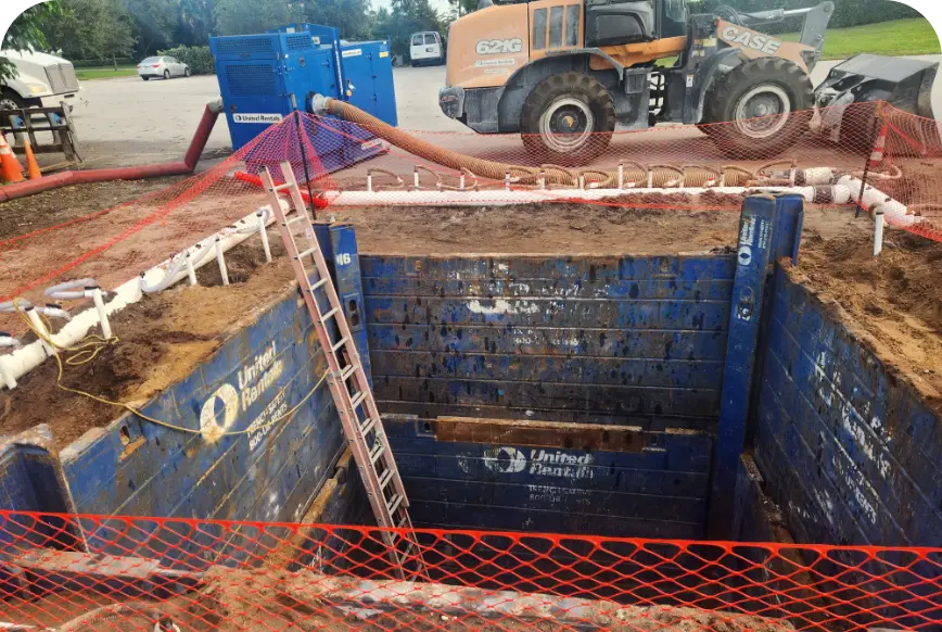 Shored excavation with trench boxes for pump house foundation construction