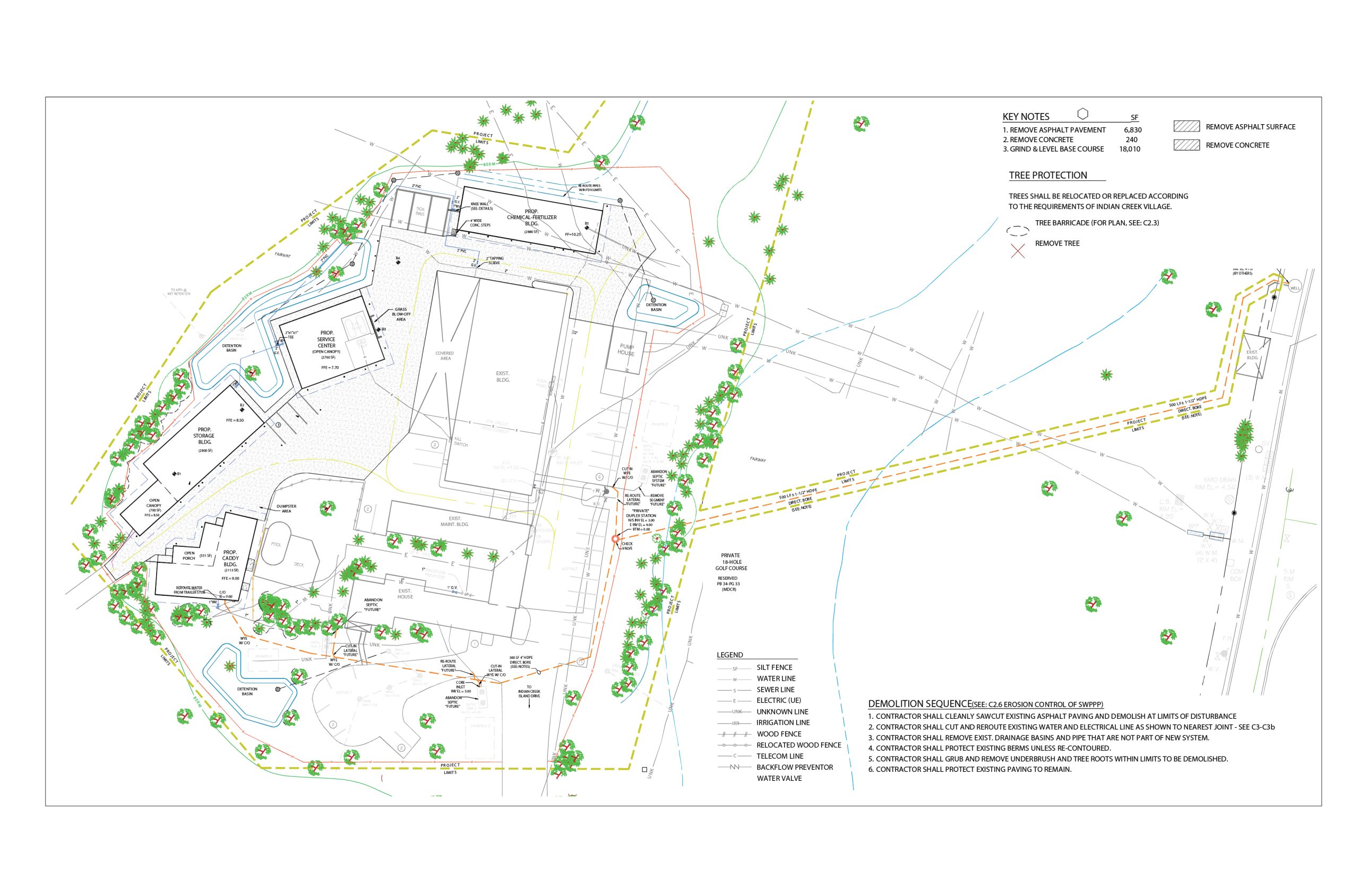 Site demolition and tree-protection plan with key notes and legend