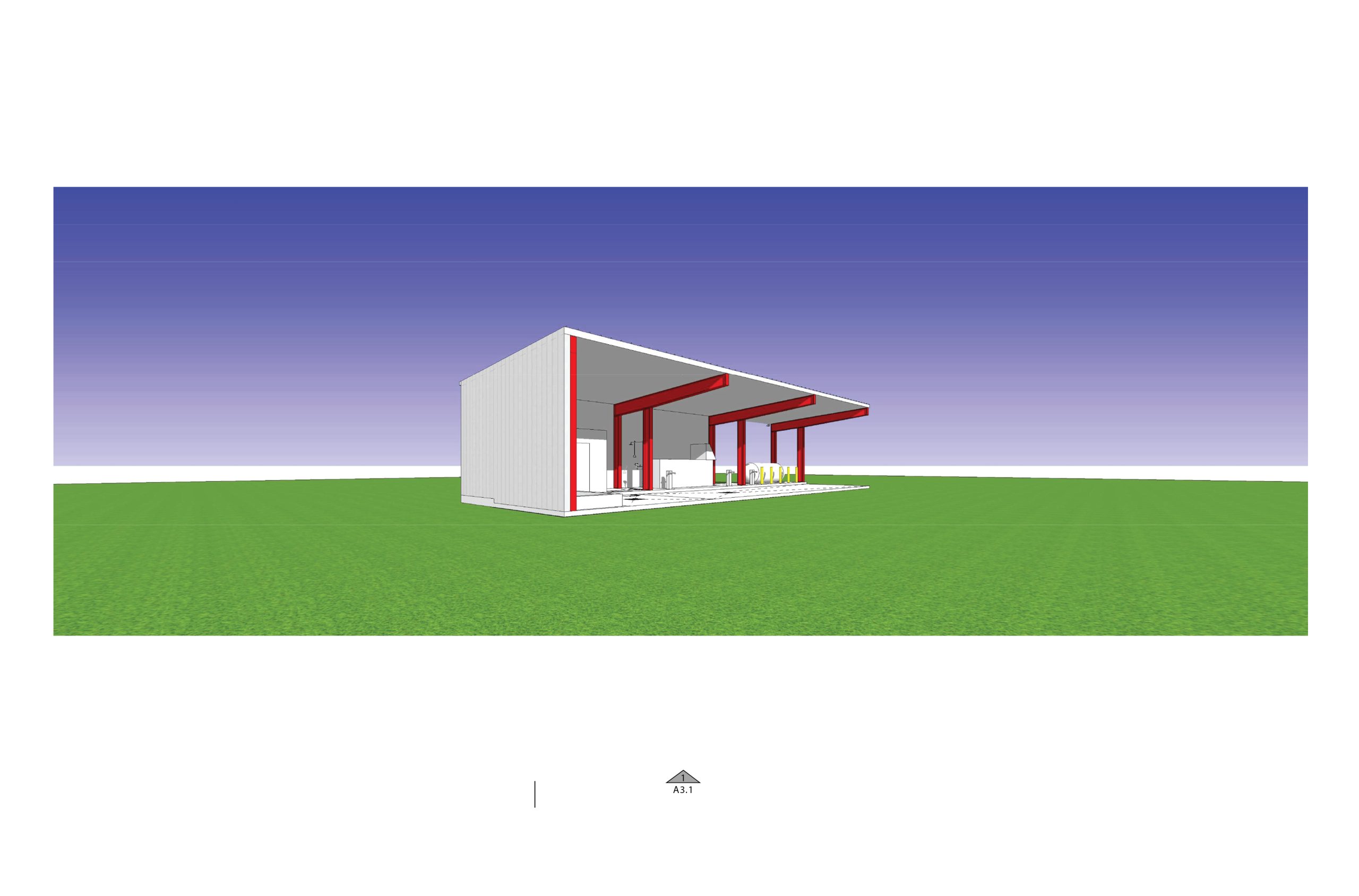 3D rendering of custom steel wash building with red columns