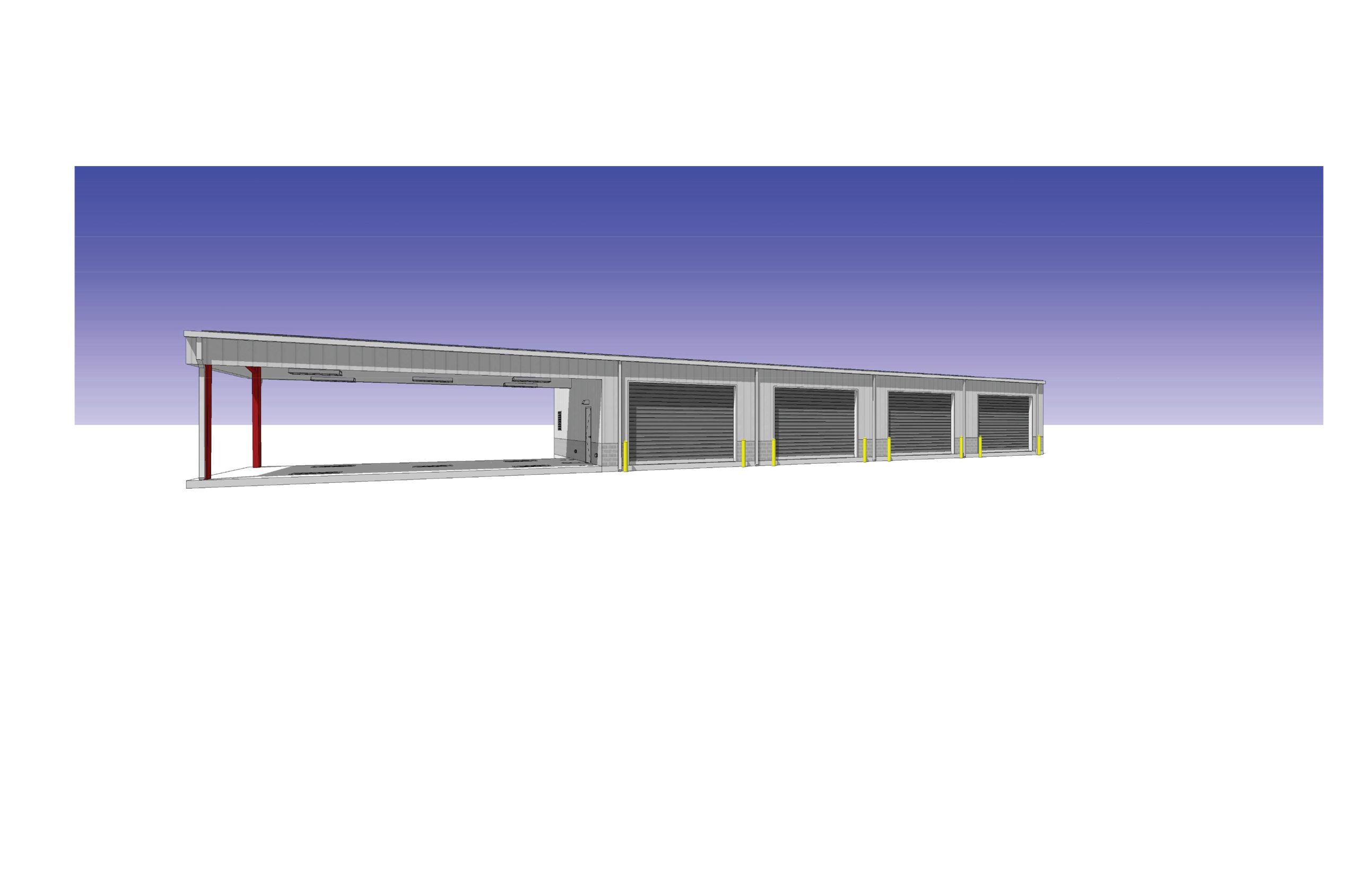 3D rendering of long equipment storage building with roll-up doors