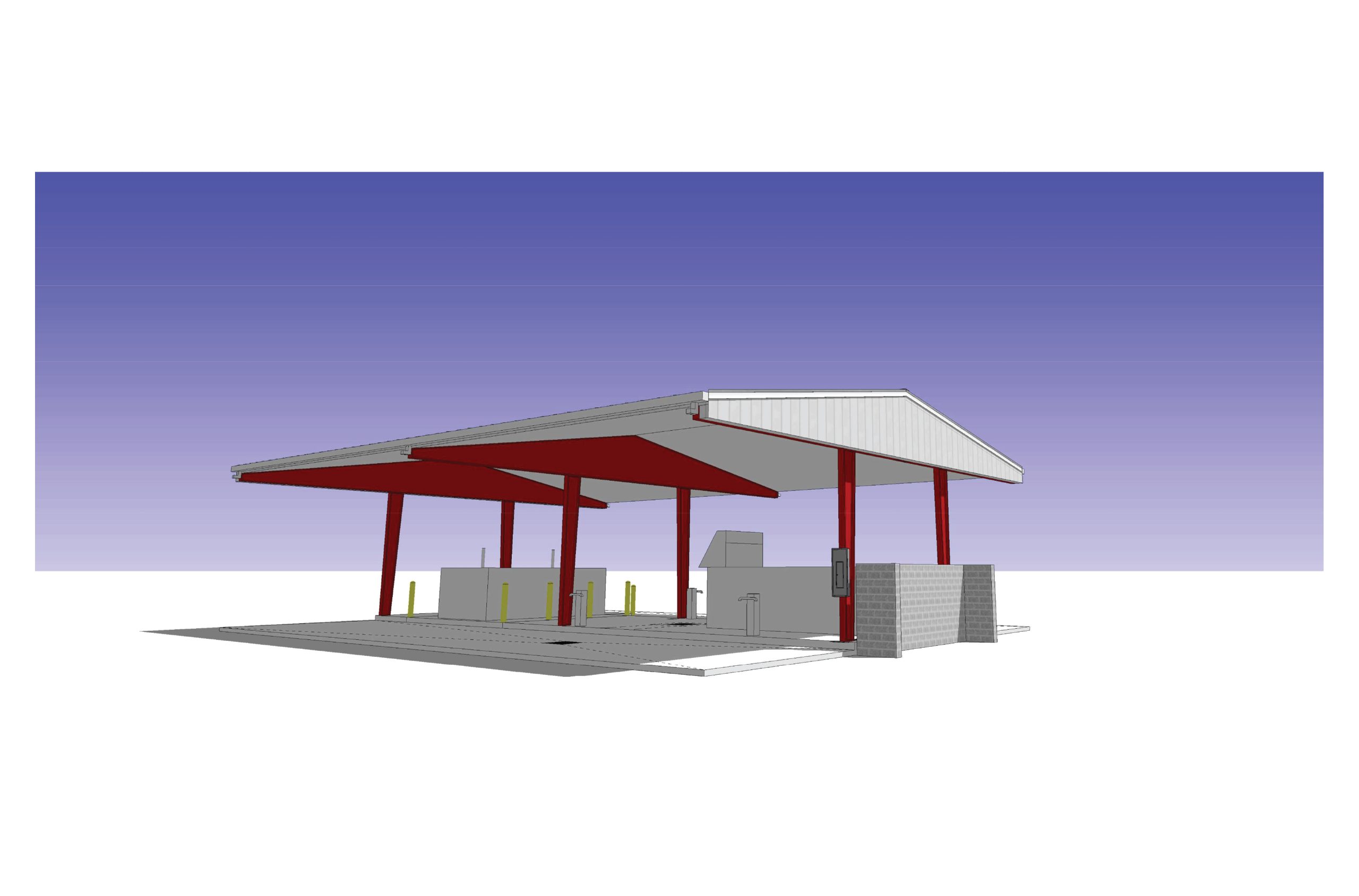 3D rendering of red-framed fuel and wash building canopy