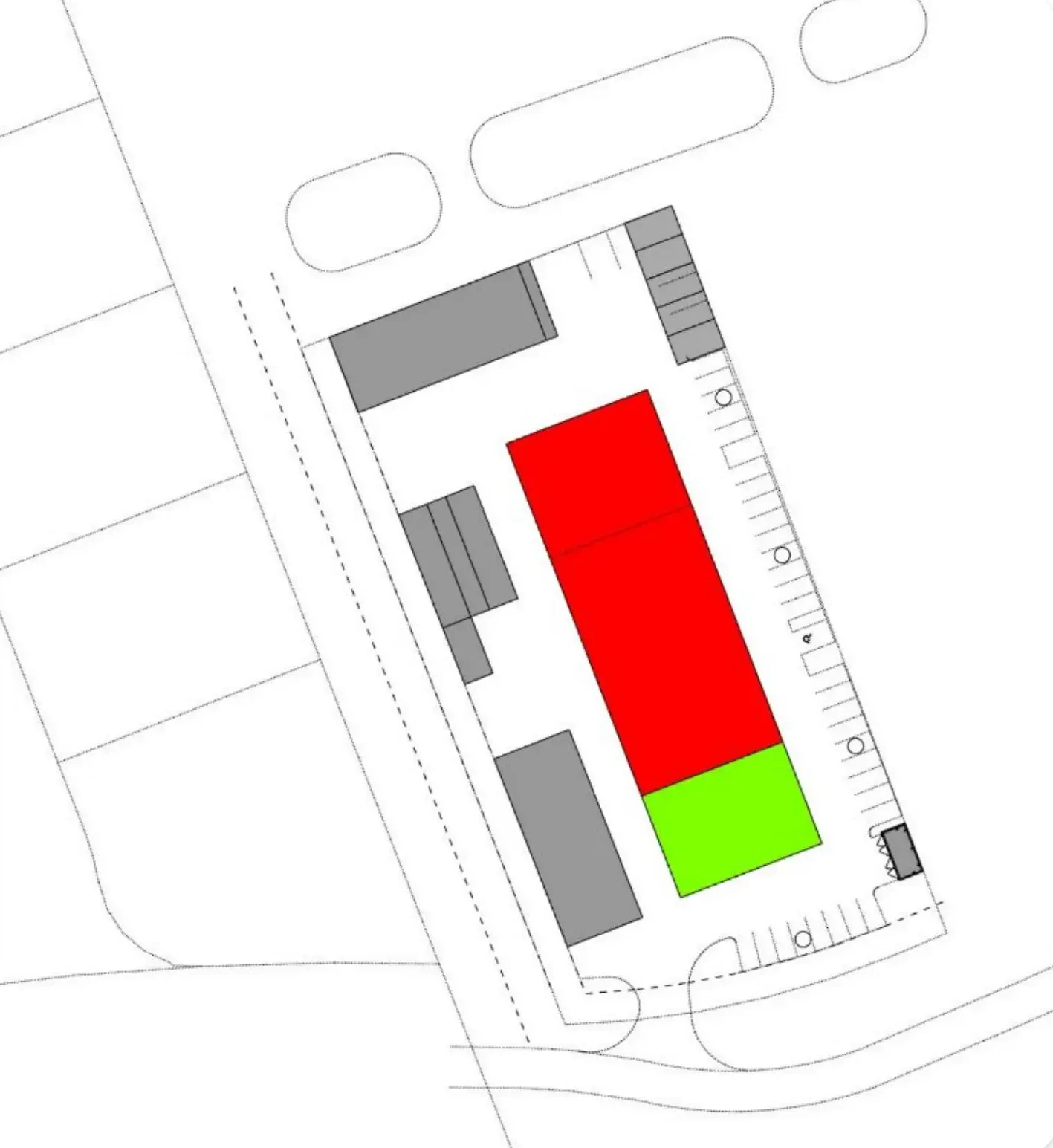 Color site plan showing building footprints and parking layout