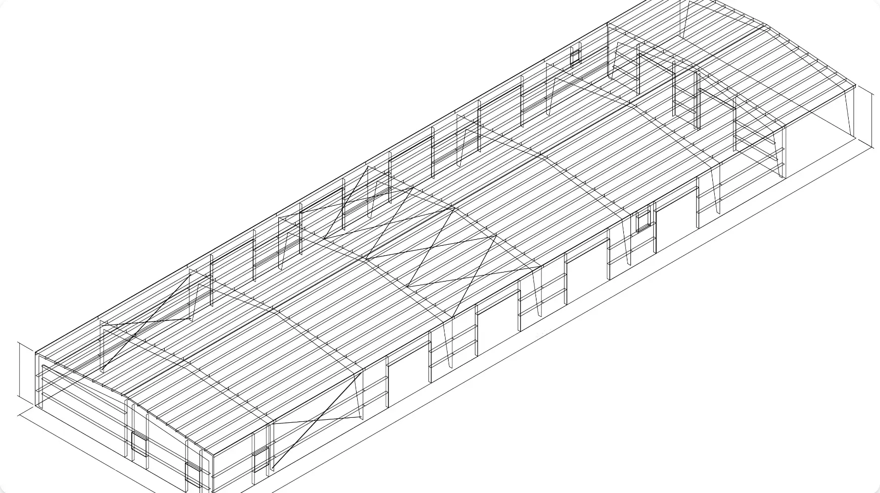 Steel framing wireframe model of long custom maintenance building