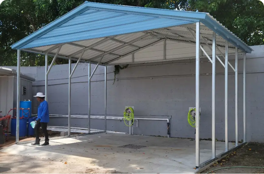 Steel cart storage canopy with open gable end