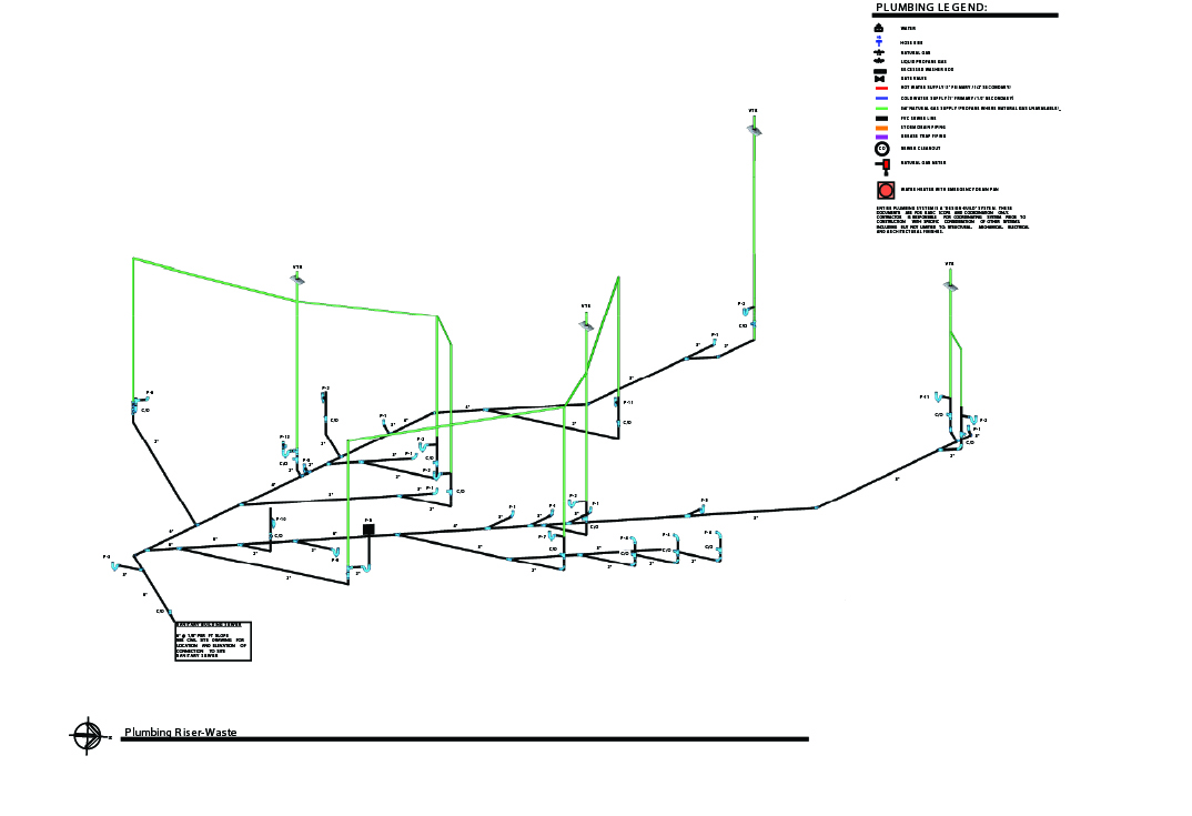 Plumbing riser waste diagram with legend for facility systems