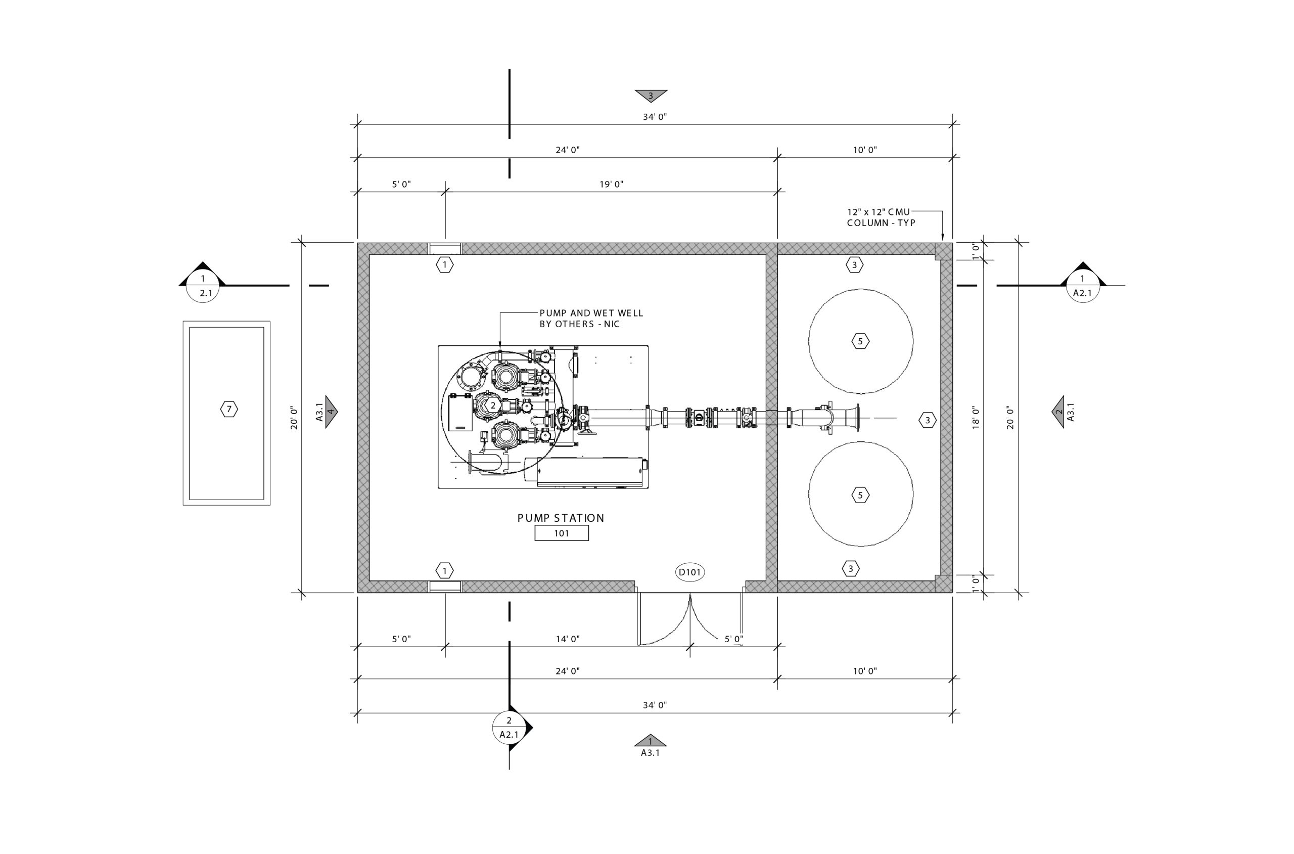 Pump station floor plan showing wet well, pumps, and CMU columns