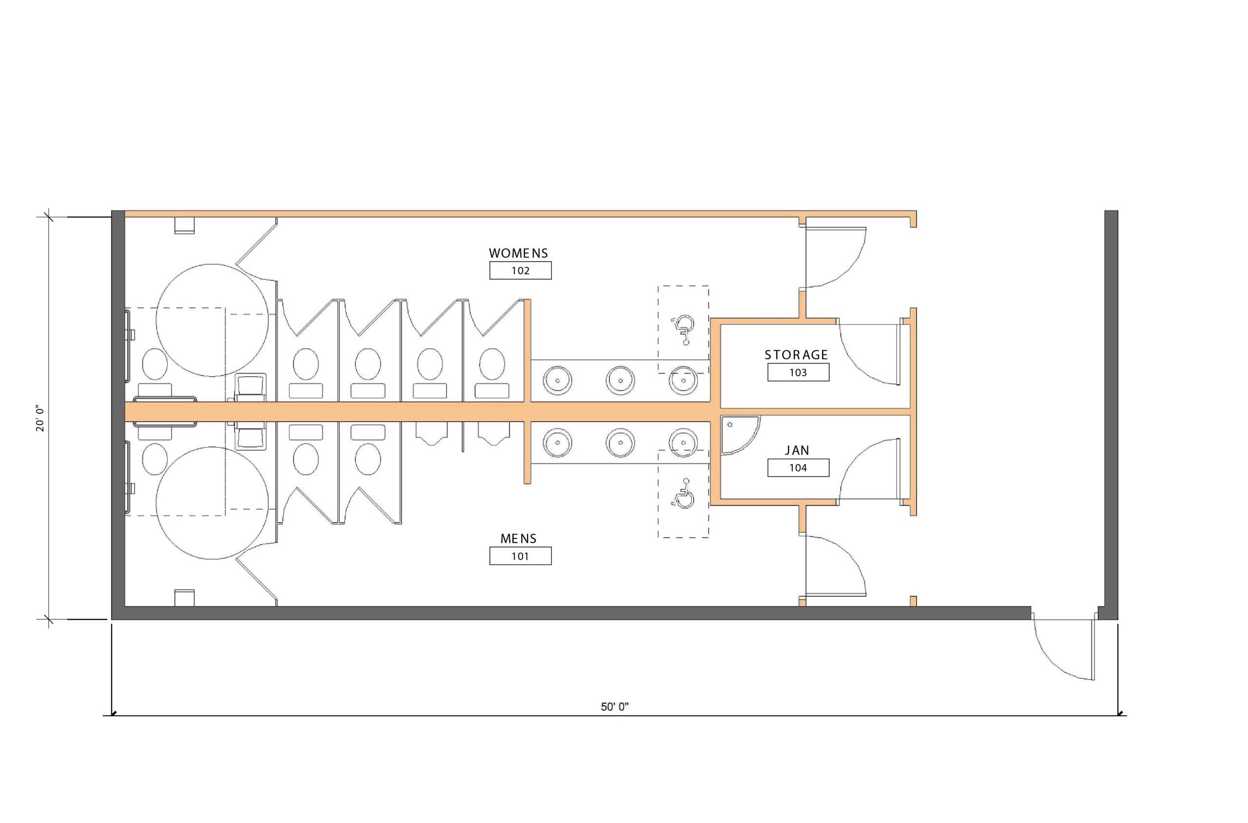 Floor plan of staff restrooms, storage, and janitor rooms