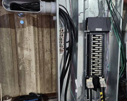 Outdoor electrical service disconnect cabinet with doors open